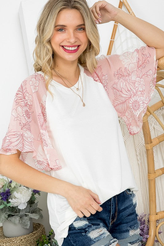 FLORAL CHIFFON MIXED BELL SLEEVE TOP