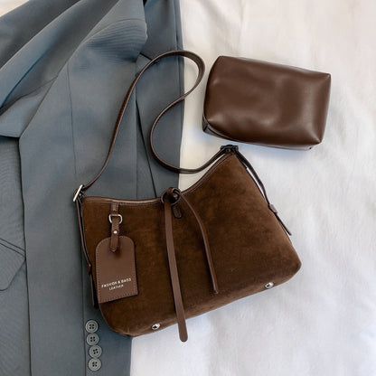 Suede Shoulder Bag and PU Leather Clutch 2 Piece Set