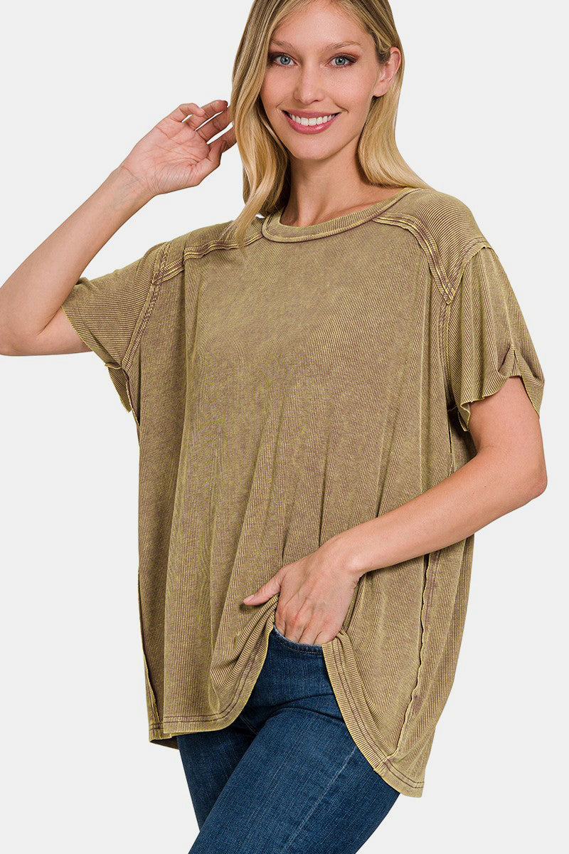 Washed Ribbed Short Sleeve Top