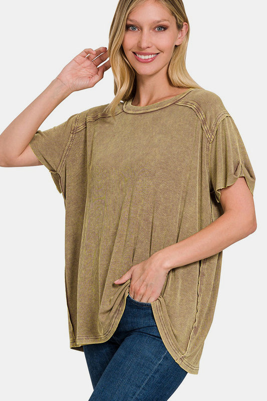 Washed Ribbed Short Sleeve Top