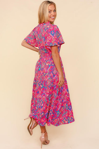 Abstract Print Smocked Waist Dress with Pockets