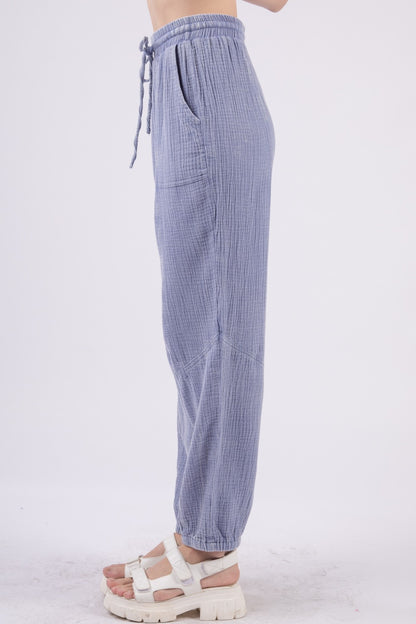 Washed Woven Crinkle Gauze Drawstring Cargo Pants