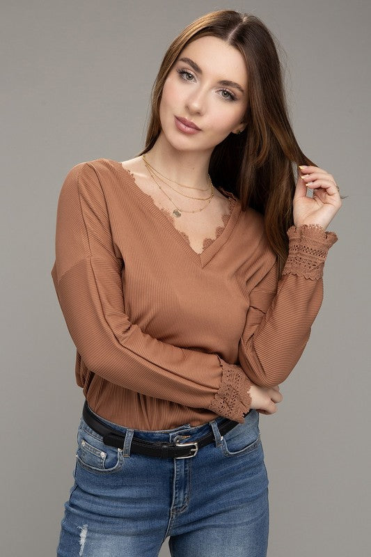 Lace Trim V Neck Long Sleeve