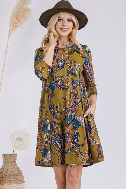 Paisley Print Round Neck Dress with Pockets