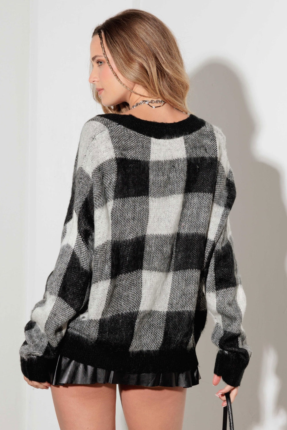 V-Neck Checkered Cardigan with Pockets