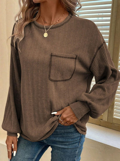 Contrast Stitching Round Neck Long Sleeve T-Shirt