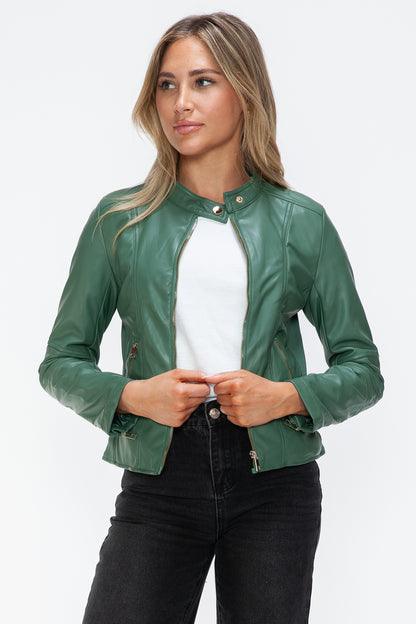 Faux Leather Zip Up Drawstring Hooded Jacket