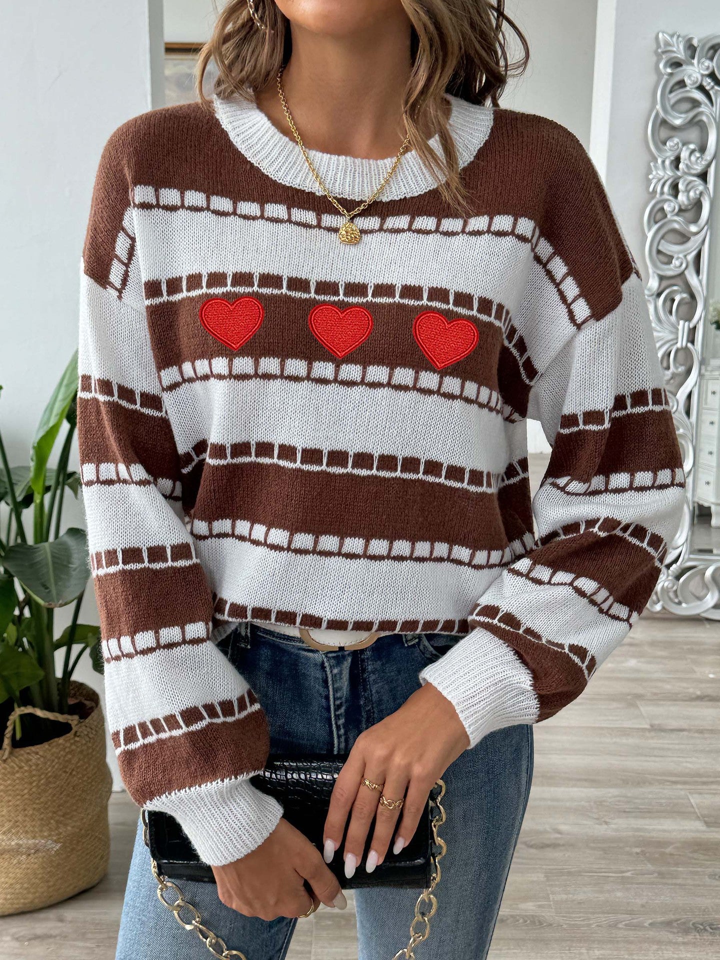 Heart Round Neck Long Sleeve Sweater