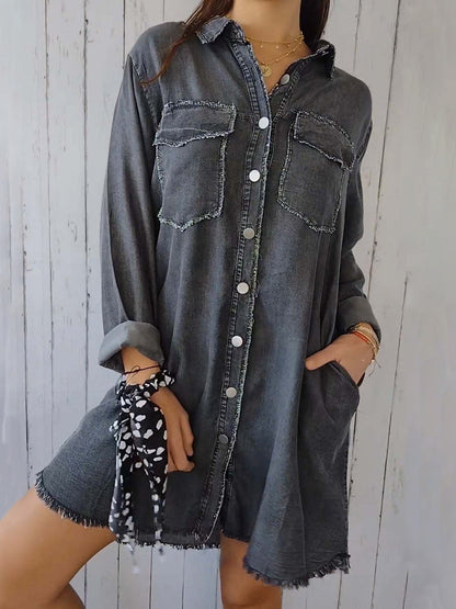 Raw Hem Button Up Long Sleeve Denim Top