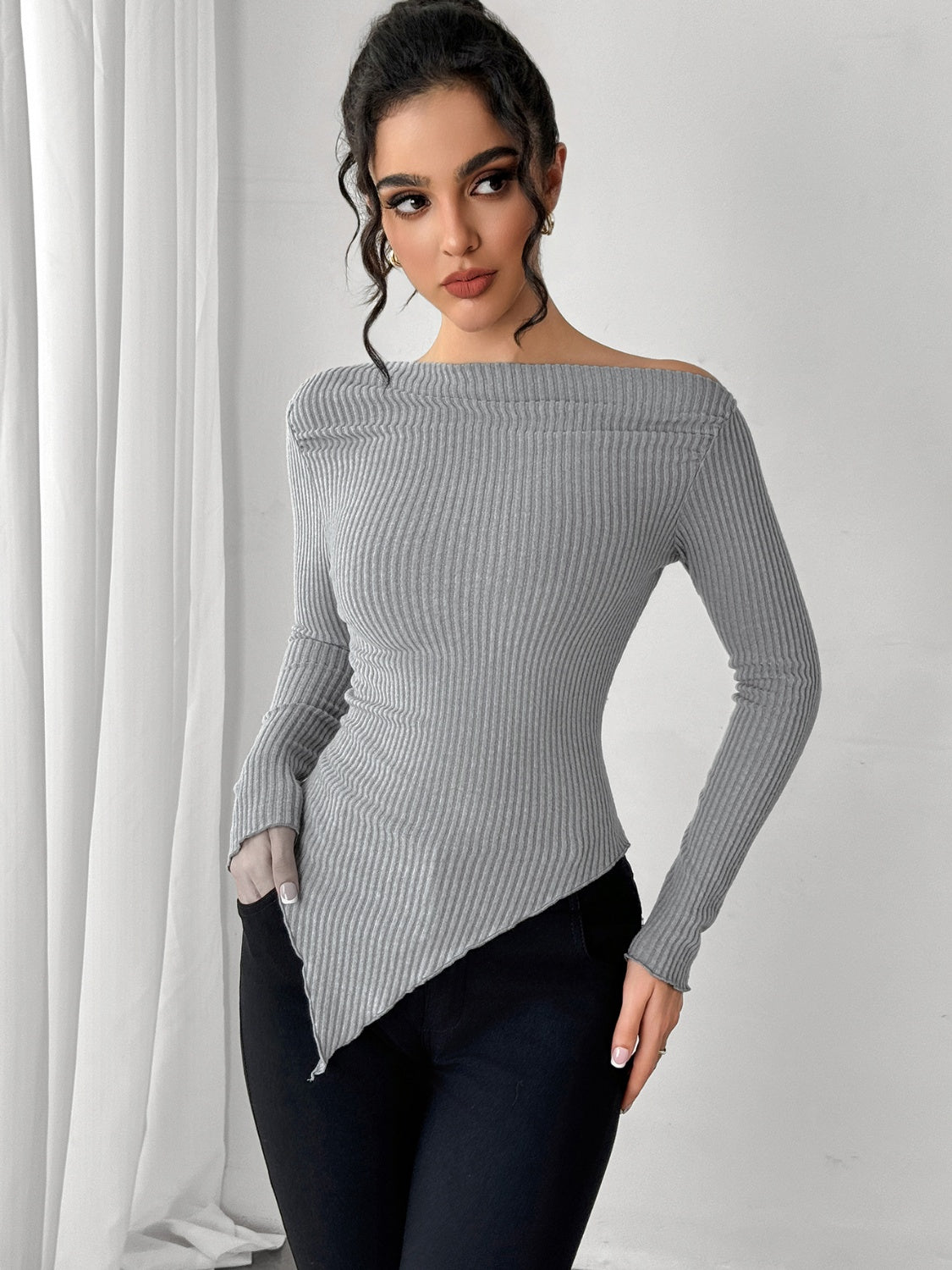 Asymmetric Hem Long Sleeve T-Shirt