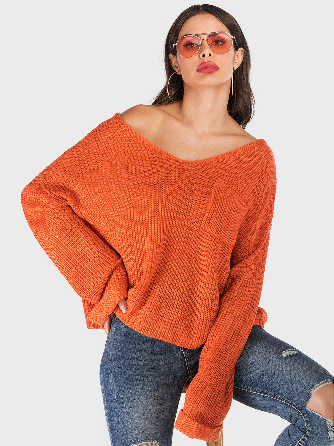 V-Neck Dropped Shoulder Long Sleeve Sweater