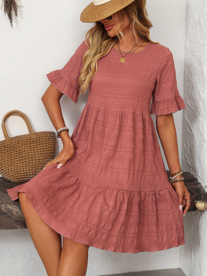 Ruffled Ruched Round Neck Half Sleeve Dress