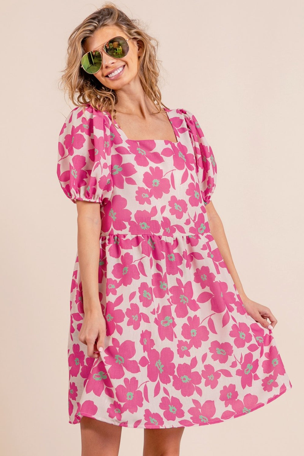 Printed Square Neck Puff Sleeve Mini Dress