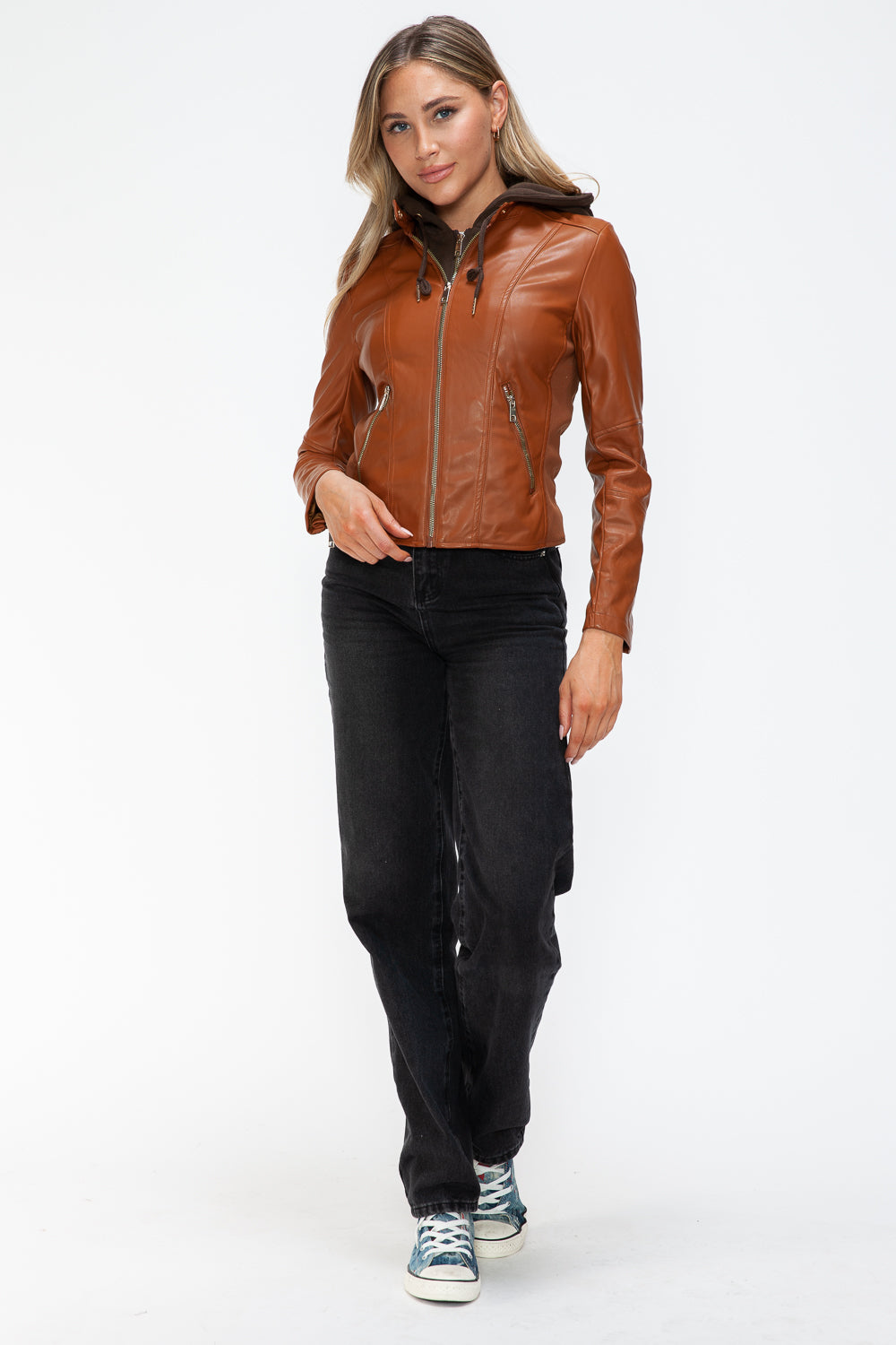 Faux Leather Zip Up Drawstring Hooded Jacket