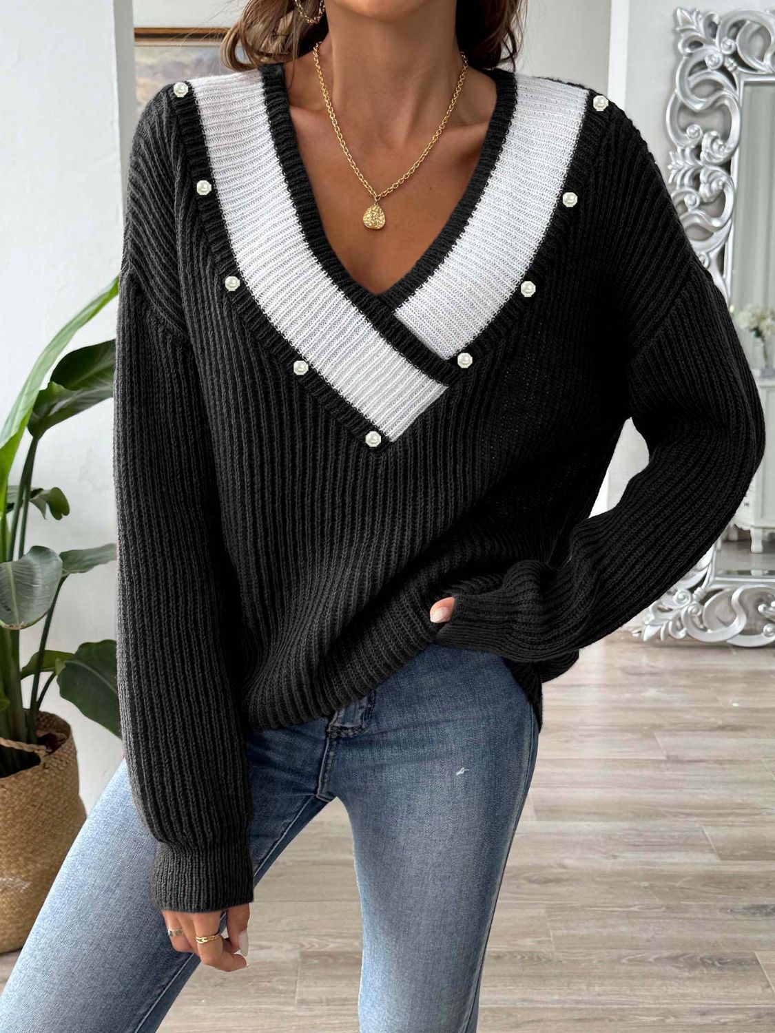 Contrast Trim Dropped Shoulder Long Sleeve Sweater