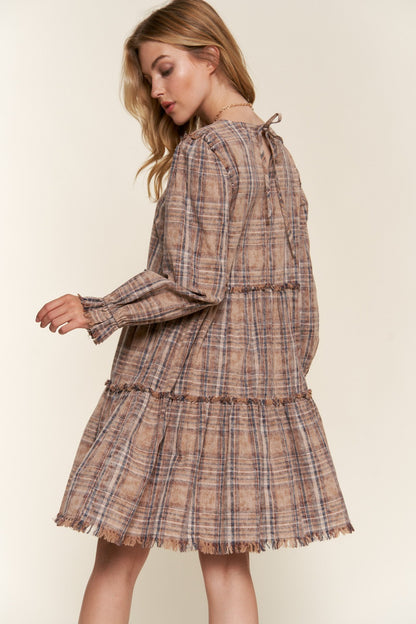 Washed Frayed Tiered Plaid Dress