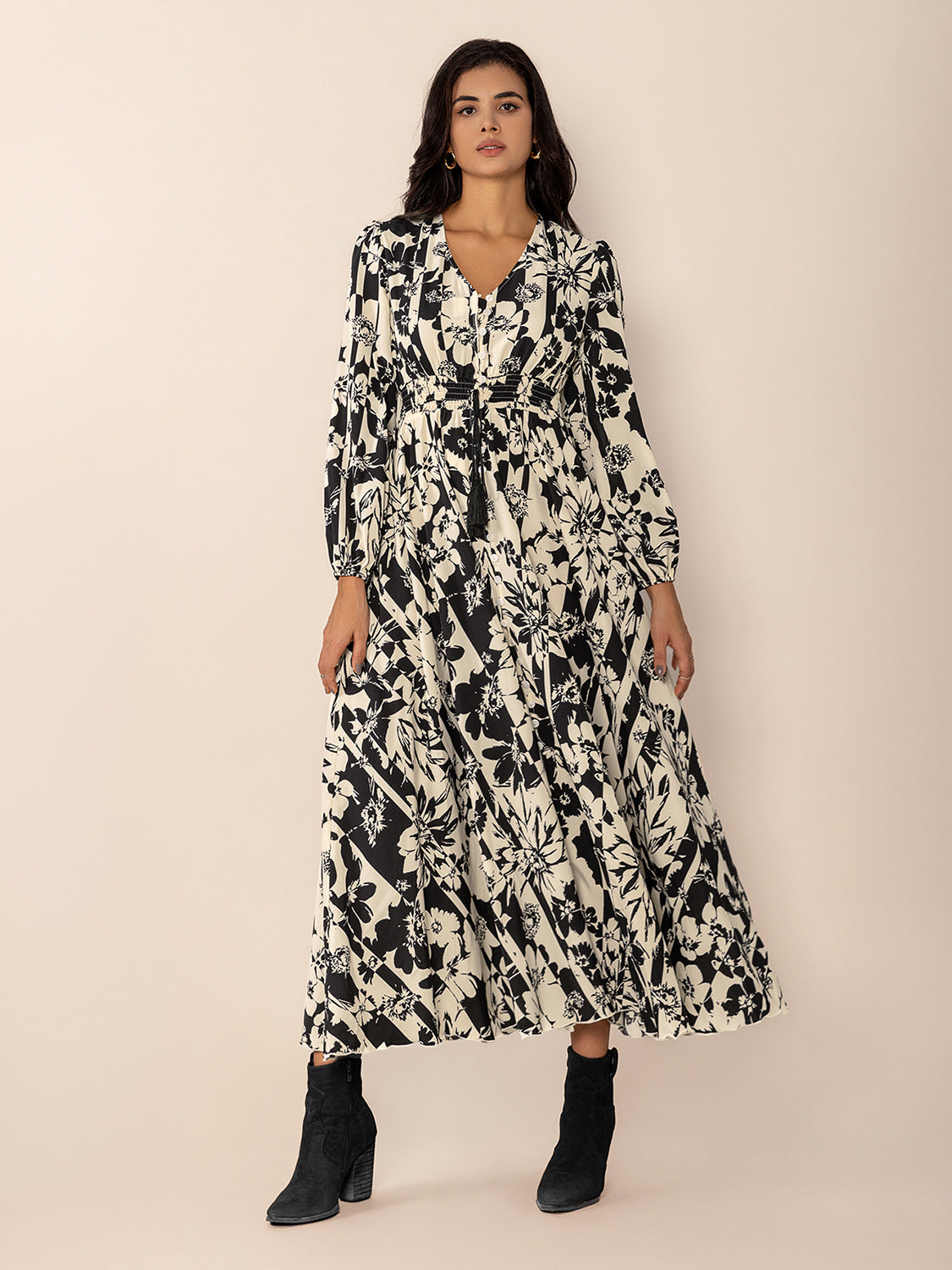 Tied Printed V-Neck Long Sleeve Midi Dress