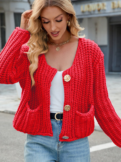 Round Neck Button Up Cardigan with Pockets