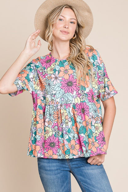 Floral Round Neck Short Sleeve Blouse