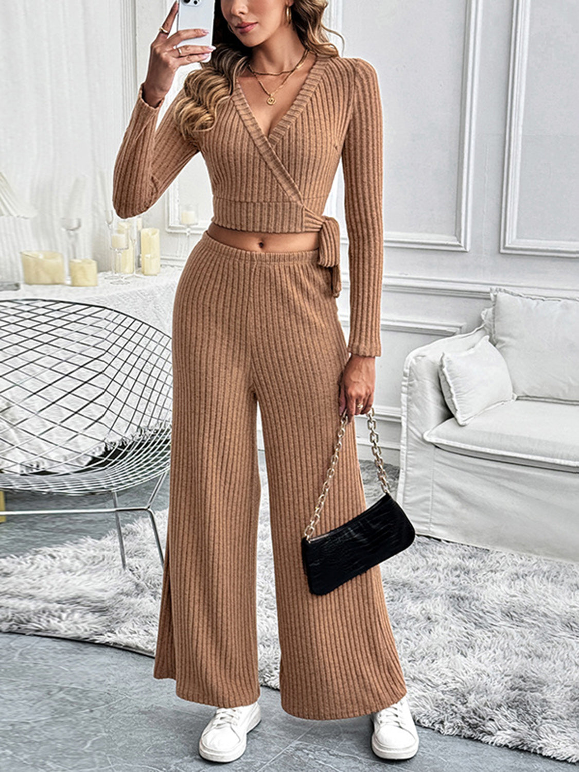 Surplice Long Sleeve Top and Pants Set