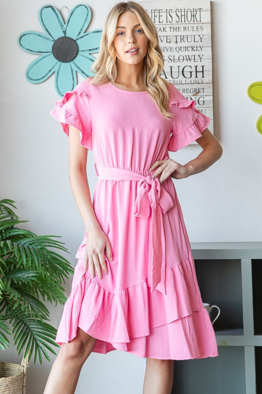 Tie Front Ruffled Short Sleeve Dress