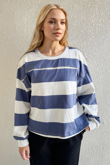 Pima Cotton Wash Exposed Seam Contrast Striped Round Neck Long Sleeve T-Shirt