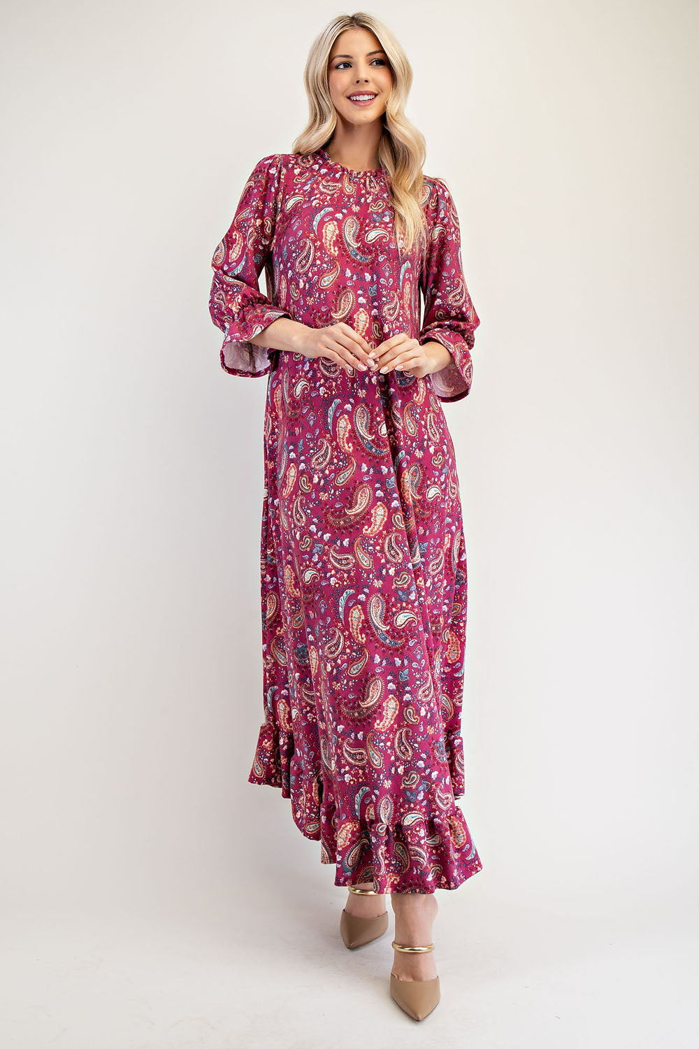 Celeste Ruffle Hem Paisley Round Neck Dress