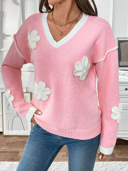 Flower V-Neck Long Sleeve Sweater