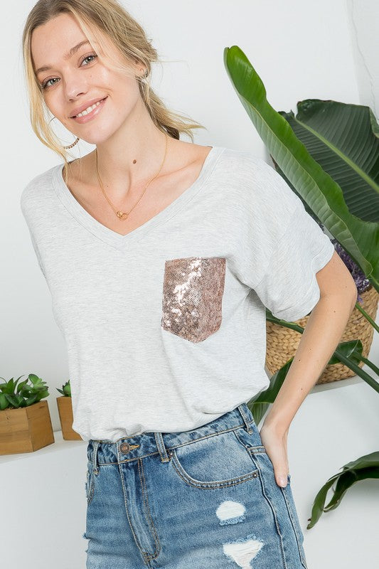 PLUS SEQUINCE POCKET BASIC BOXY TOP