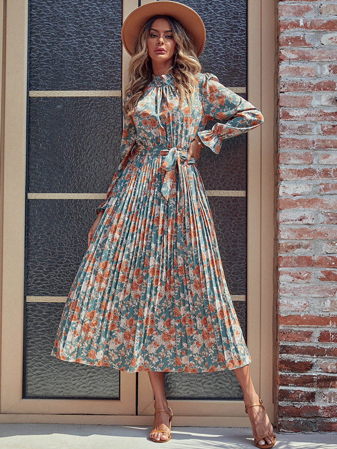 Tied Pleated Printed Mock Neck Long Sleeve Dress