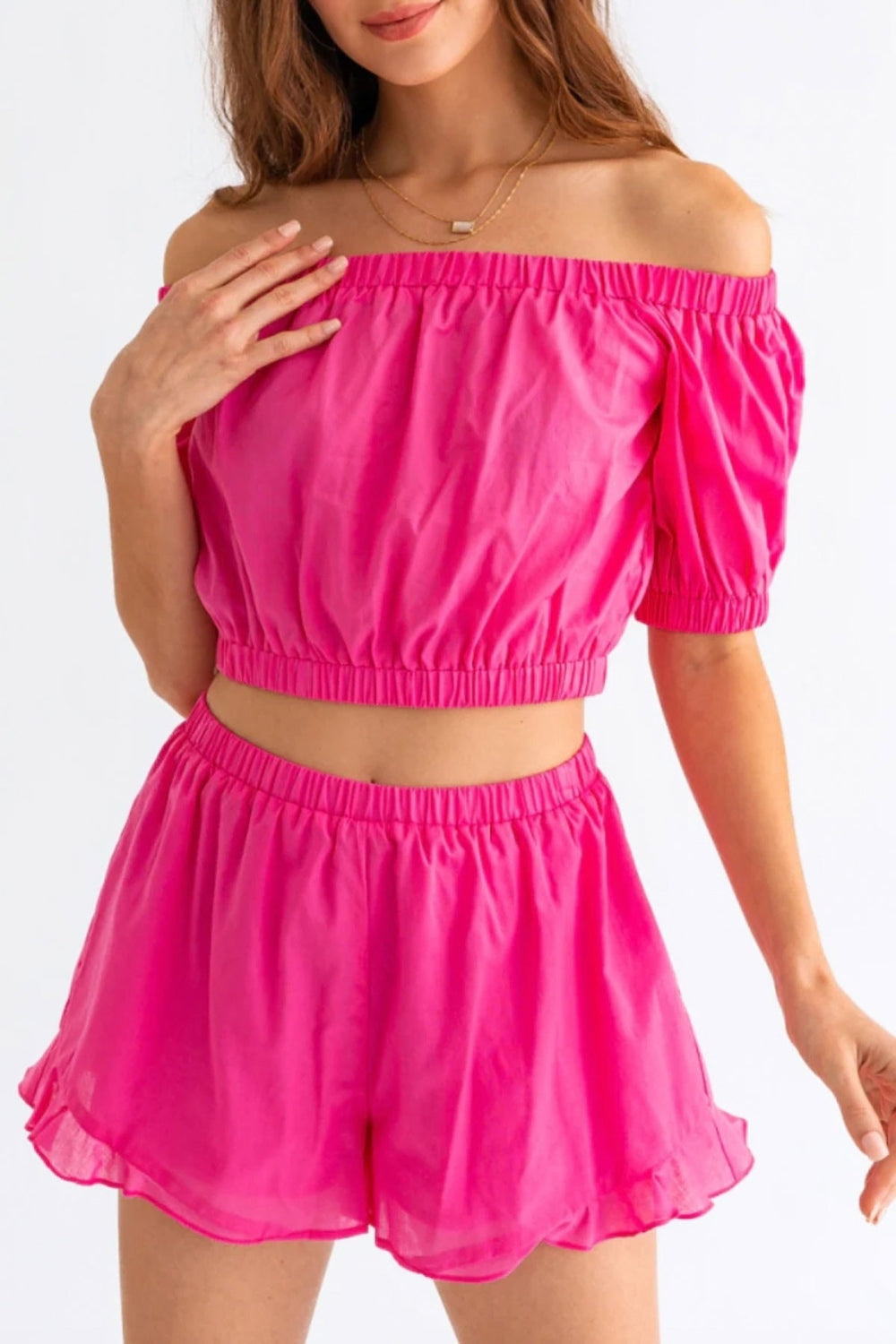 Off Shoulder Crop Top and Ruffled Shorts Set