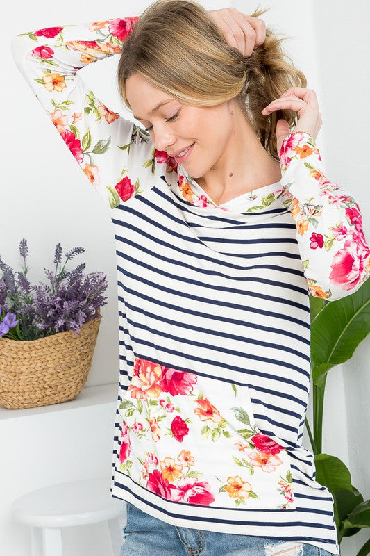 FLORAL STRIPE MIXED SWEATSHIRT TOP