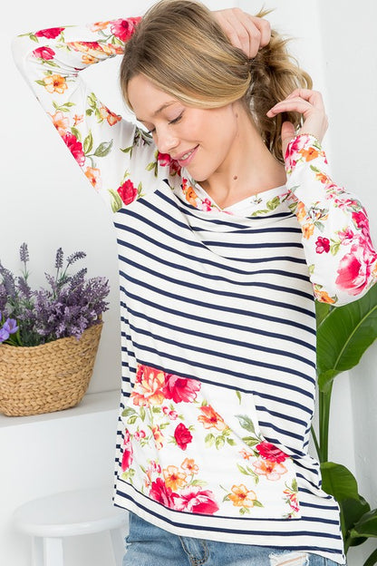 FLORAL STRIPE MIXED SWEATSHIRT TOP