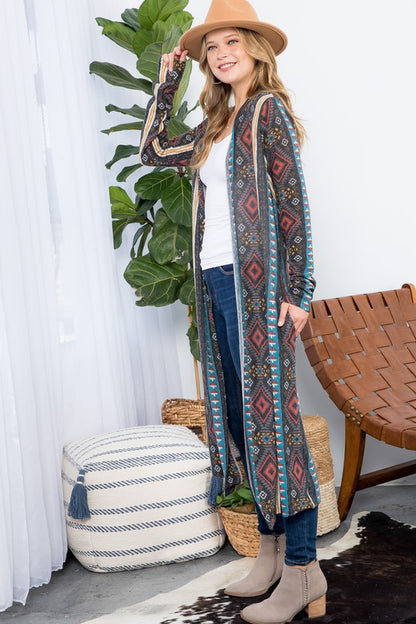 PLUS AZTEC PRINT LONG CARDIGAN