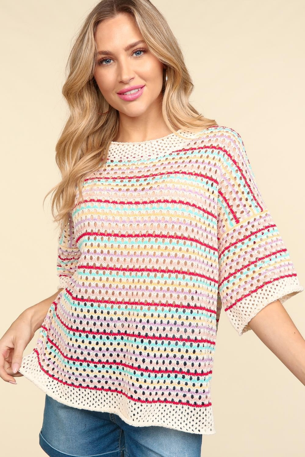 Striped Crochet Drop Shoulder Knit Top