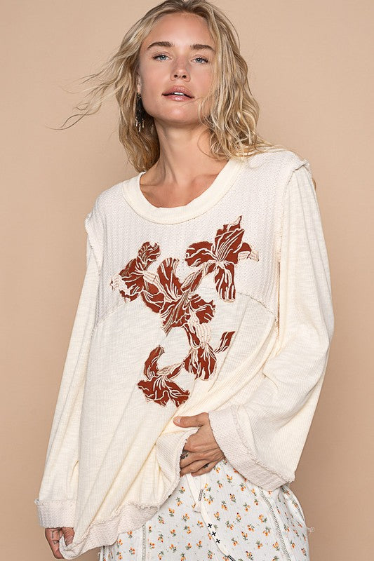 POL Embroidered Round Neck Long Sleeve Knit Top