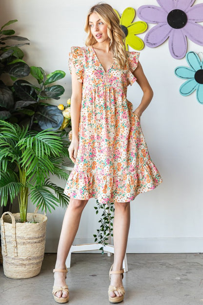 Floral Ruffled V-Neck Dress