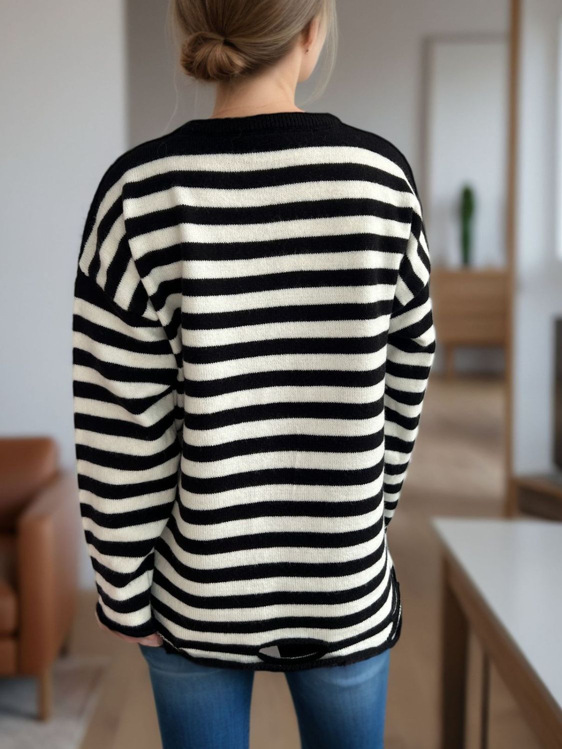 Distressed Striped Round Neck Long Sleeve Sweater