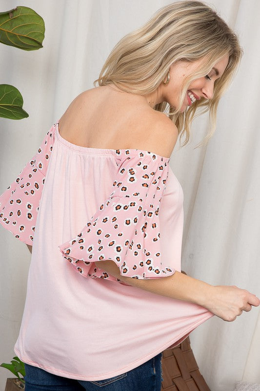 CHEETAH WOVEN MIX OFF SHOULDER TOP