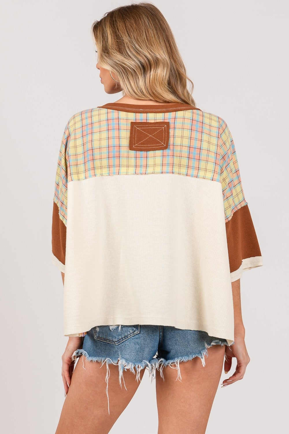 Round Neck Plaid Star Patch T-Shirt