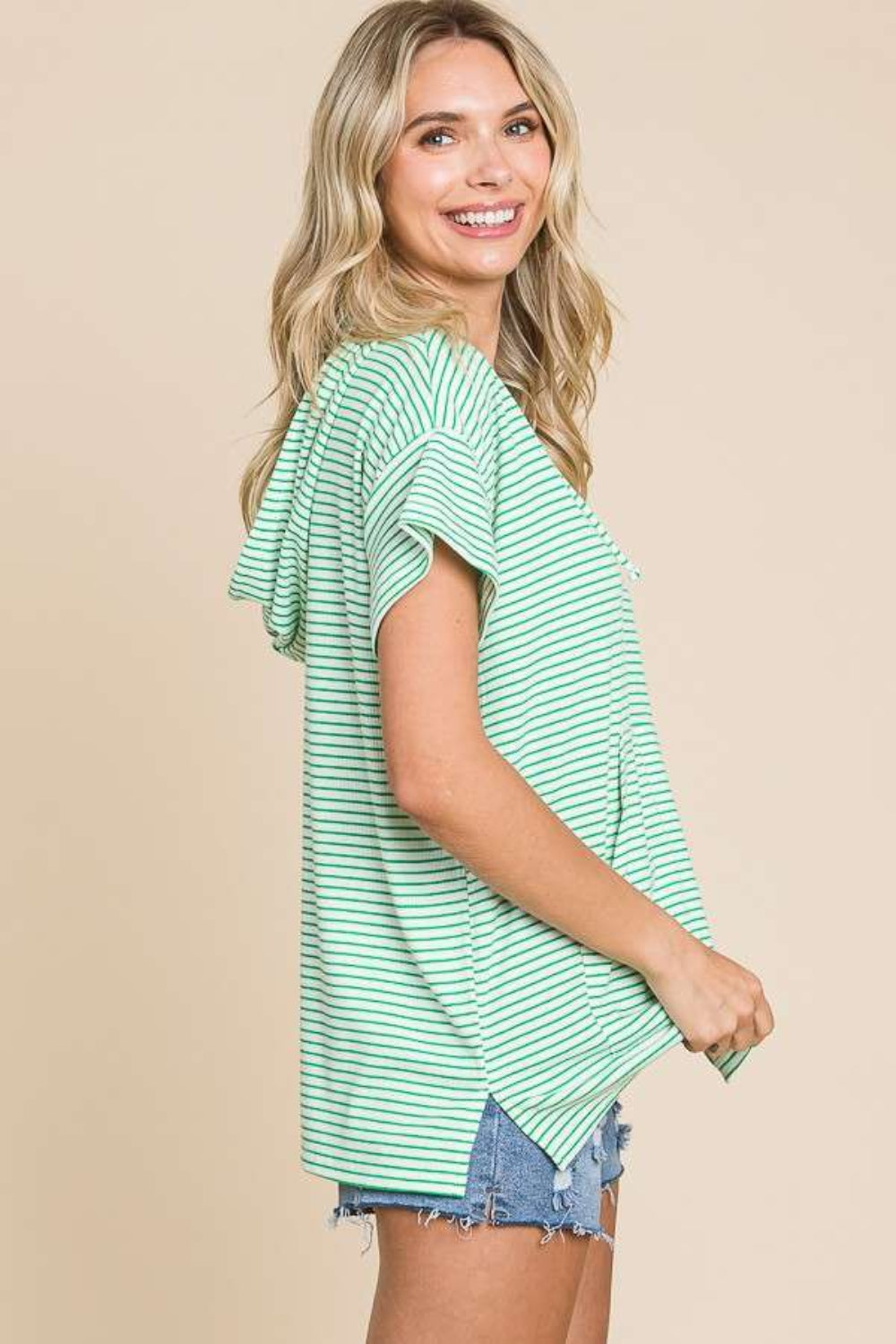 Striped Short Sleeve Hooded Top