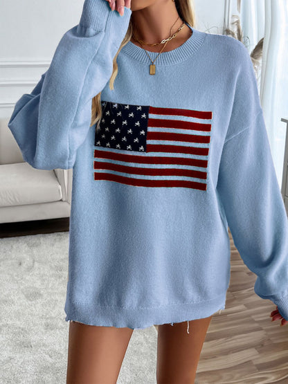 US Flag Round Neck Long Sleeve Knit Top