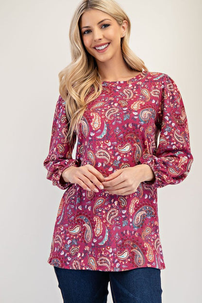 Celeste Paisley Round Neck Balloon Sleeve Top