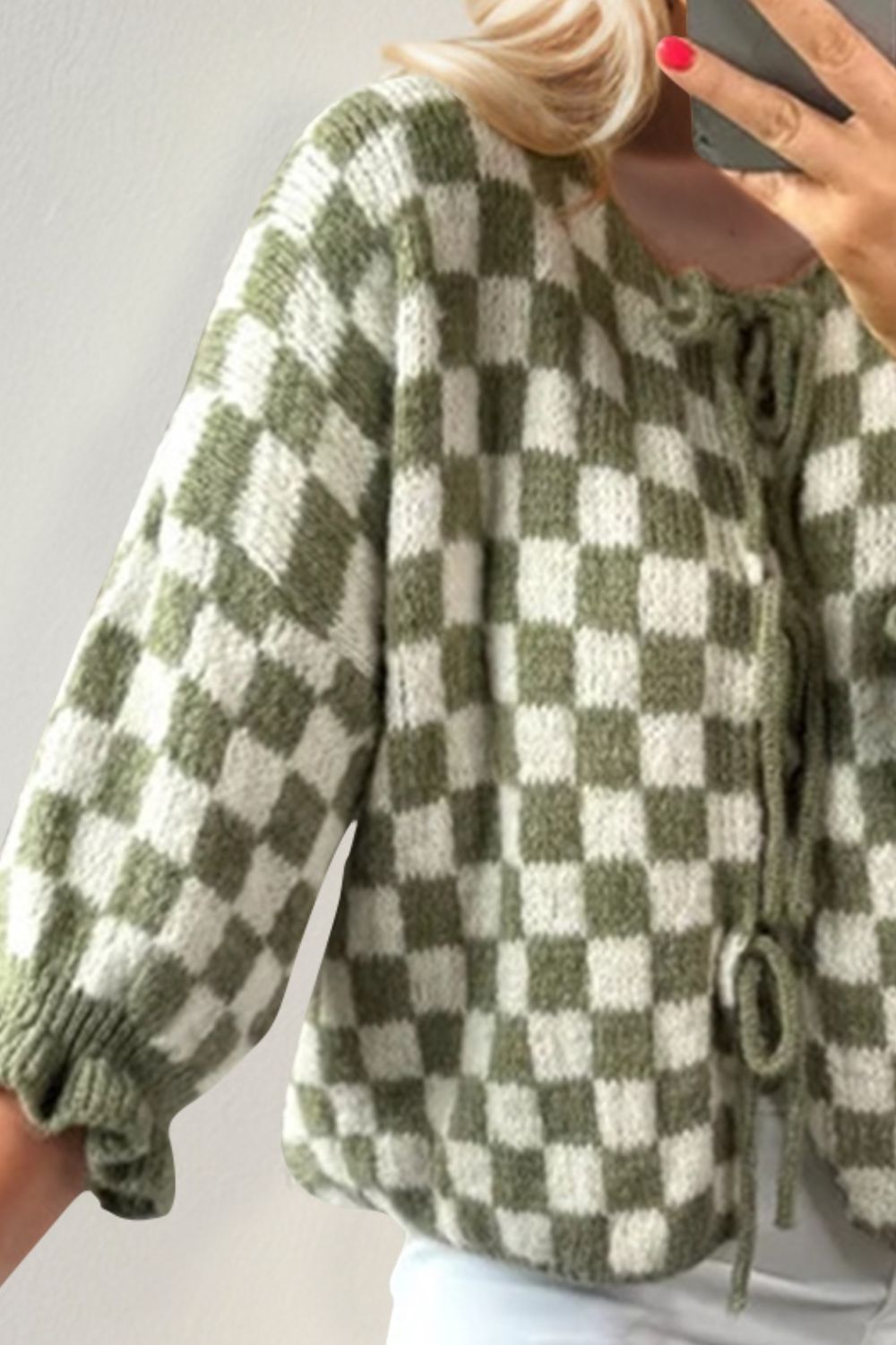 Tied Checkered Dropped Shoulder Flounce Sleeve Cardigan