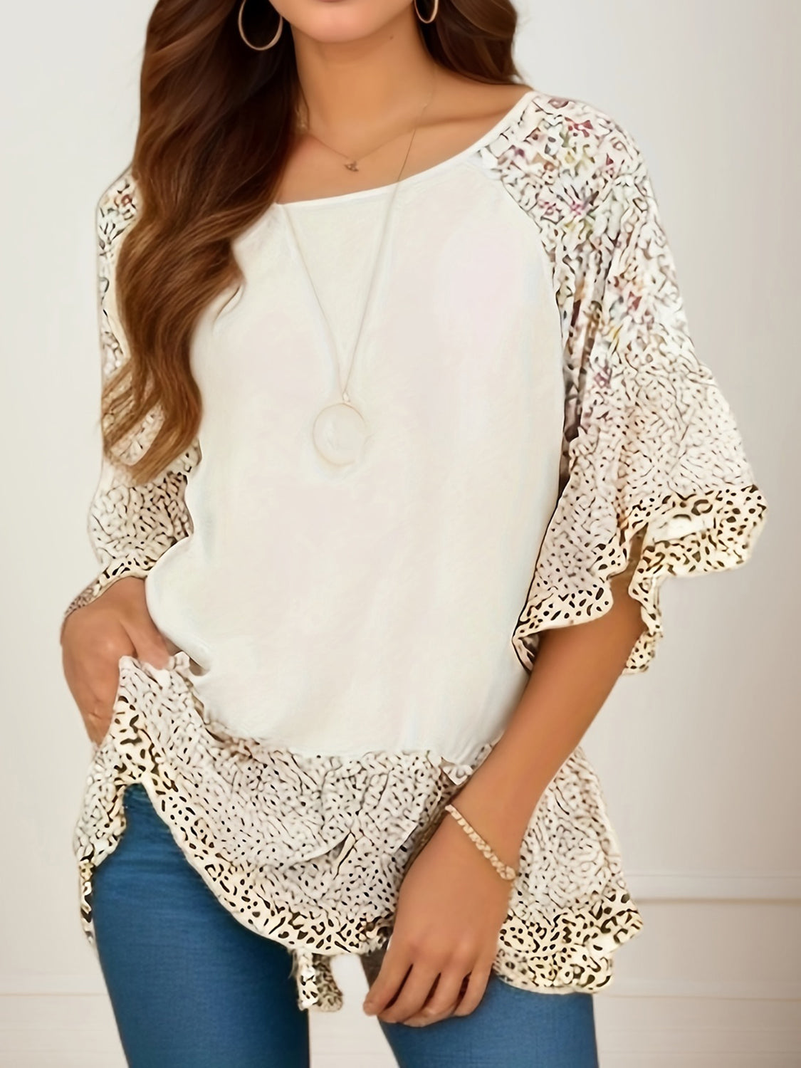 Frill Printed Round Neck Half Sleeve Blouse