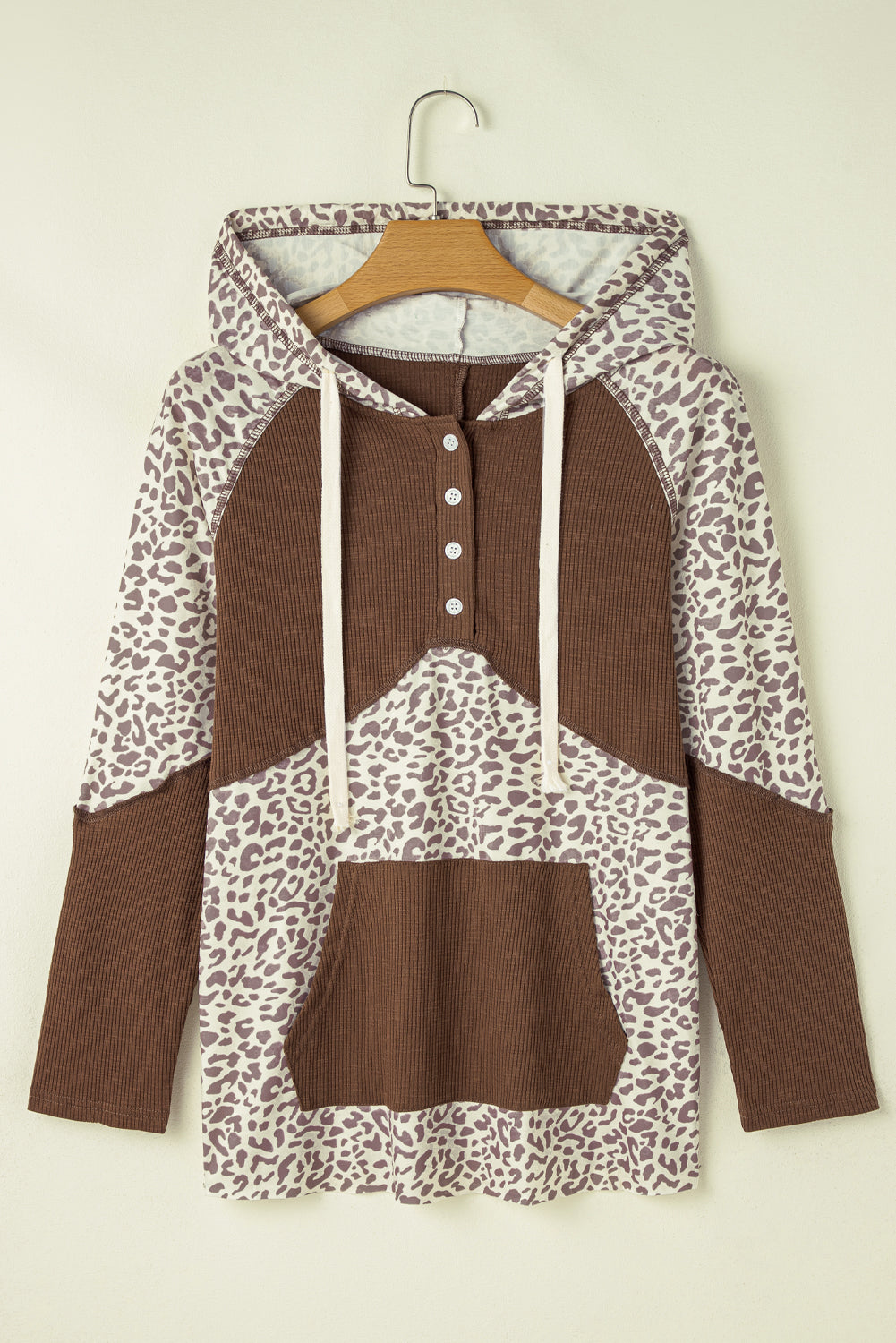 Leopard Ribbed Patchwork Drawstring Hoodie