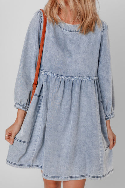 Cutout Round Neck Balloon Sleeve Denim Dress