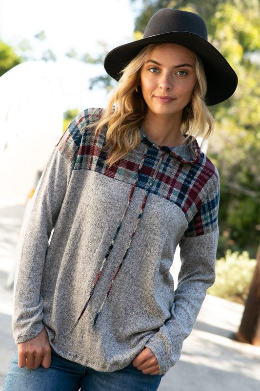 HACCI MELANGE PLAID AND SOLID MIXED HOODIE TOP