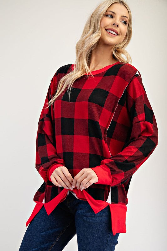 Celeste High-Low Plaid Round Neck Sweatshirt