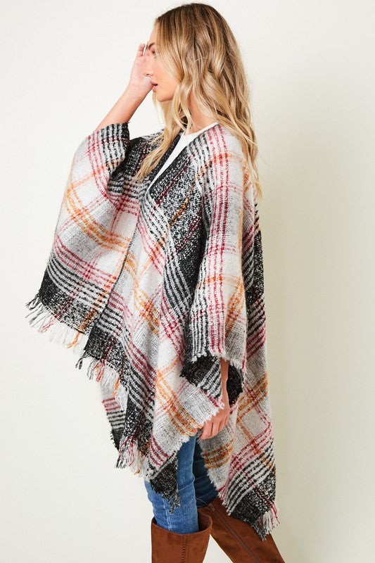 MULTI PLAID FRINGE PONCHO SHAWL